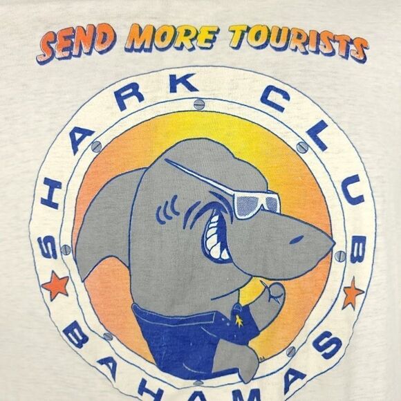 Shark Attack T Shirt Vintage 80s Bahamas Shark Club Send More Tourists Medium - Picture 2 of 8